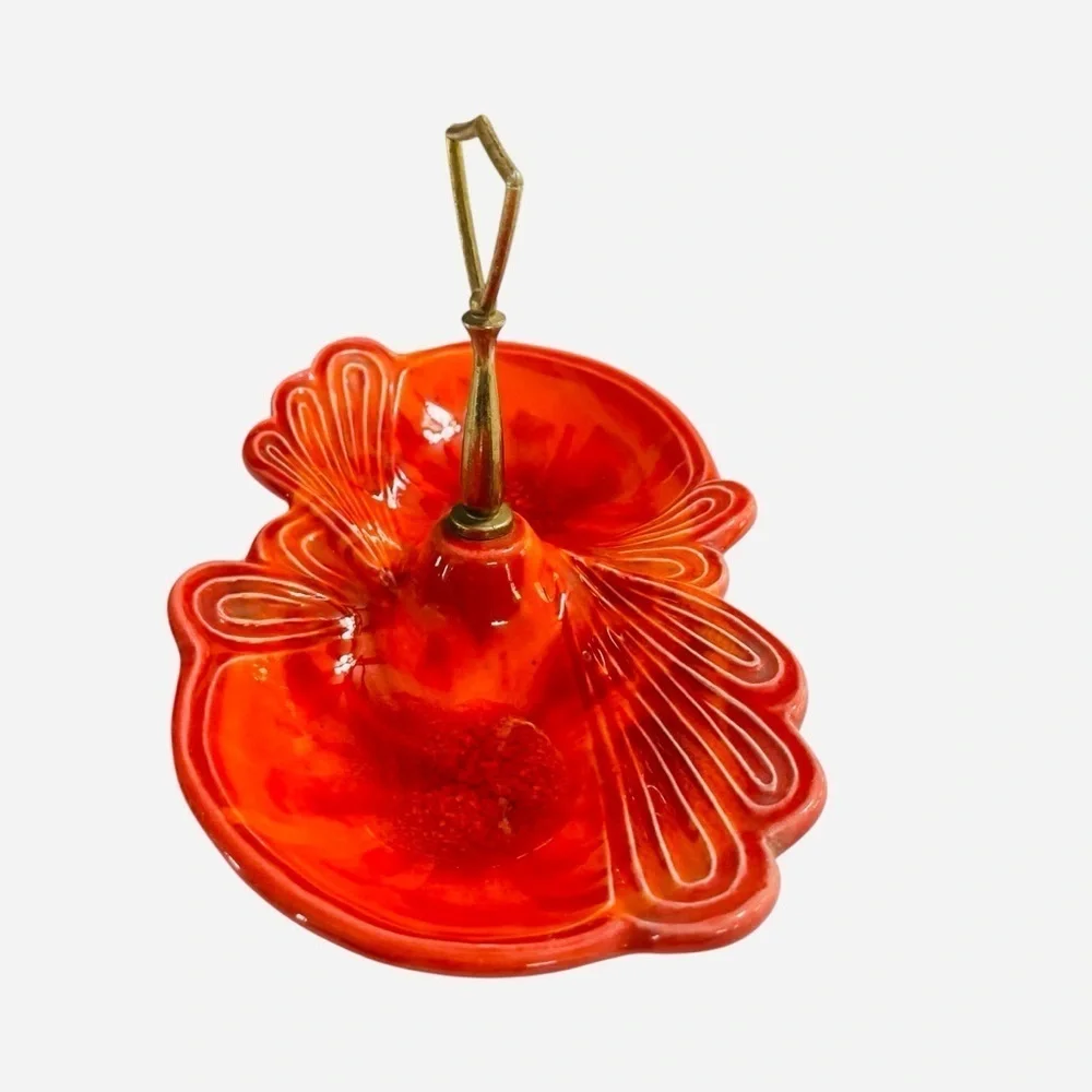 1960s Cal Style USA Orange Pottery Divided Candy Dish MCM Leaf Tidbit Tray